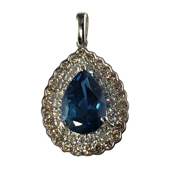Vintage 18 K White Gold Blue Topaz & White & Champagne Diamond Pendant #13735 - Picture 1 of 8